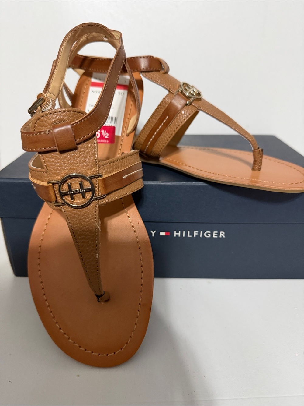 Tommy Hilfiger Tan Leather T-Strap Sandals with Logo Accent